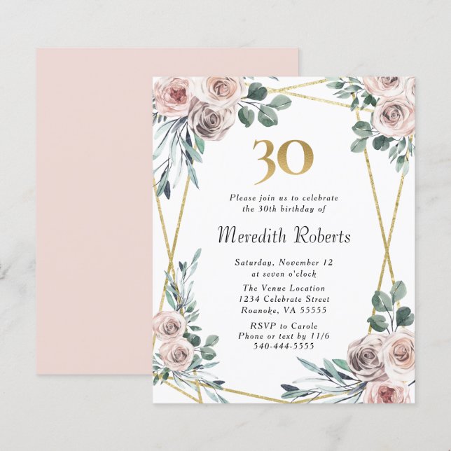Papier Budget 30e anniversaire Floral Gold Party Invitati (Devant / Derrière)