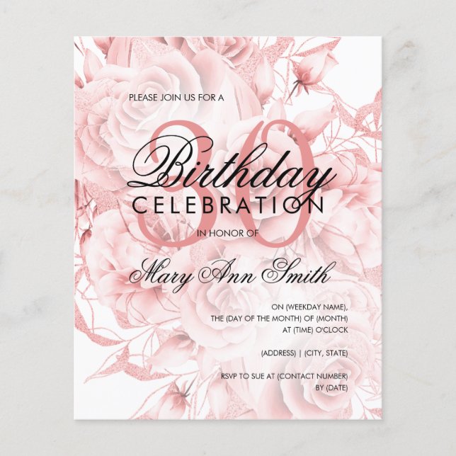 Papier Budget 30e anniversaire Floral Rose Invitation or (Devant)