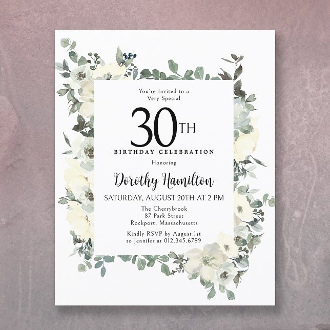 Papier Budget 30e anniversaire Invitation florale blanche (Créateur téléchargé)