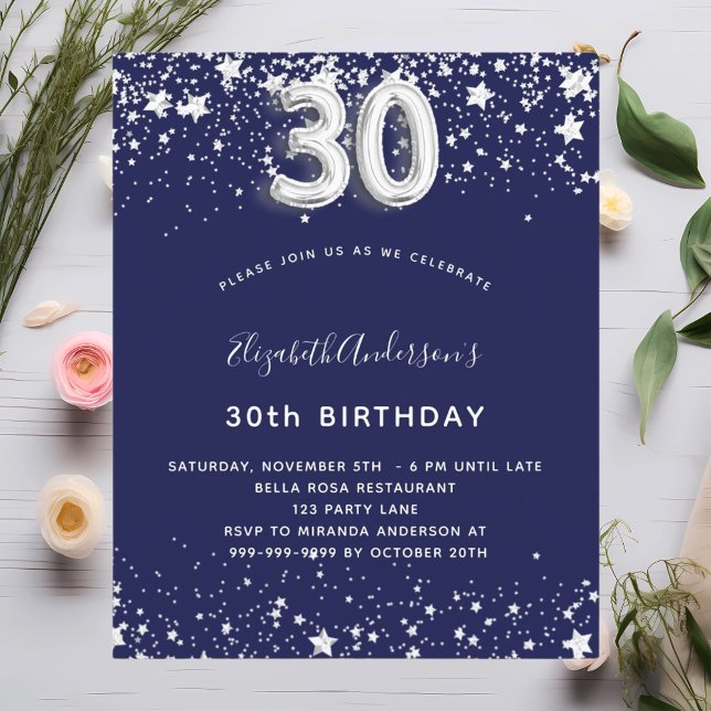 Papier Budget 30e anniversaire marine bleu argent invitat (Créateur téléchargé)