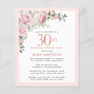 Papier Budget 30e anniversaire Surprise Party rose Floral