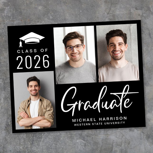 Papier Budget 3 Photo Black Graduation Faire-part (Cherish the milestone: share your graduate's achievement with a custom photo graduation announcement)
