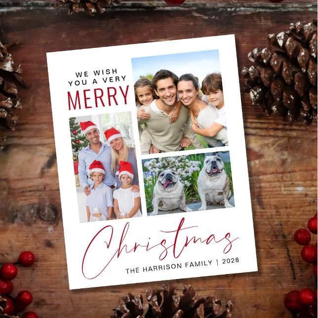 Papier Budget 3 Photo Merry Christmas Holiday Card (This holiday season, let your family's smiles and heartwarming memories shine on our 3 photo card)