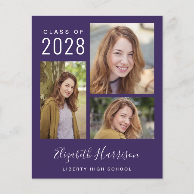 Papier Budget 3 Photos Purple Graduation Faire-part (Devant)
