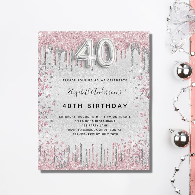 Papier Budget 40e anniversaire argent rose invitation (Créateur téléchargé)
