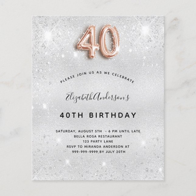 Papier Budget 40e anniversaire argent rose or invitation (Devant)