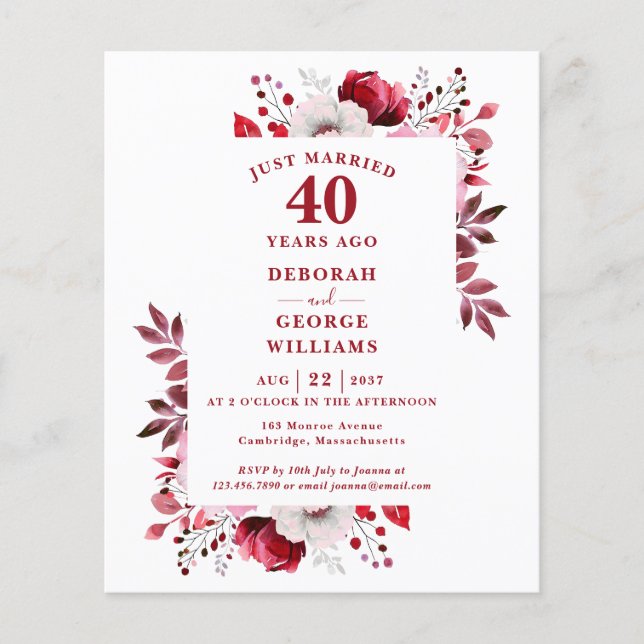 Papier Budget 40e anniversaire du Mariage Invitation flor (Devant)