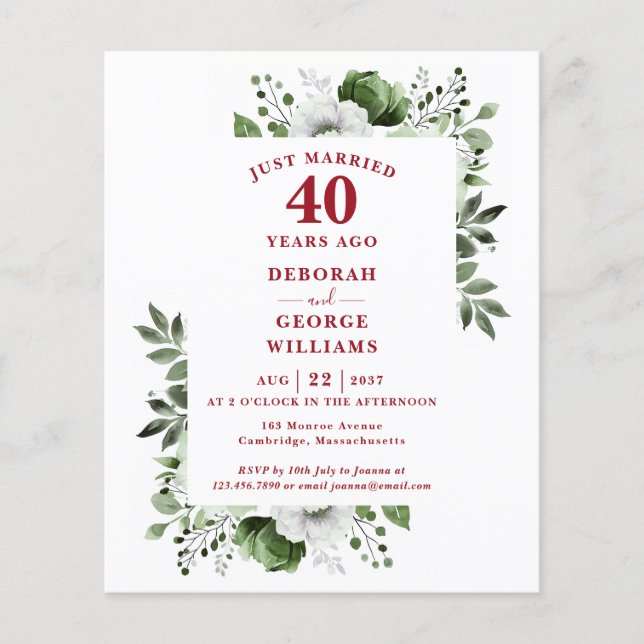 Papier Budget 40e anniversaire du Mariage Invitation flor (Devant)