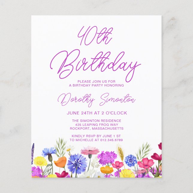 Papier BUDGET 40e anniversaire Fleur sauvage violet Invit (Devant)