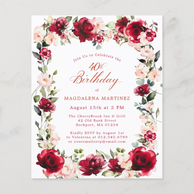 Papier BUDGET 40e anniversaire Invitation rose rose rose  (Devant)