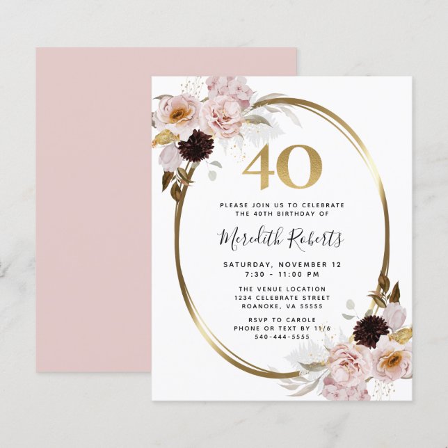 Papier Budget 40e anniversaire Rose Gold Foil Party Invit (Devant / Derrière)