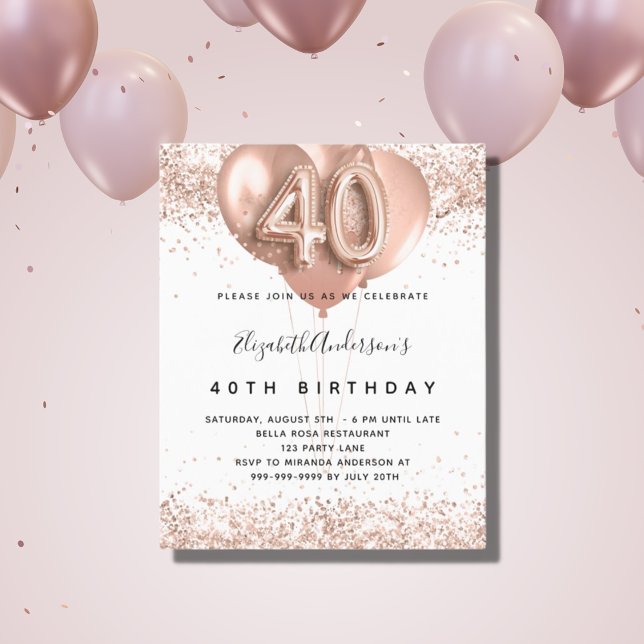 Papier Budget 40e anniversaire rose invitation ballons d' (Créateur téléchargé)