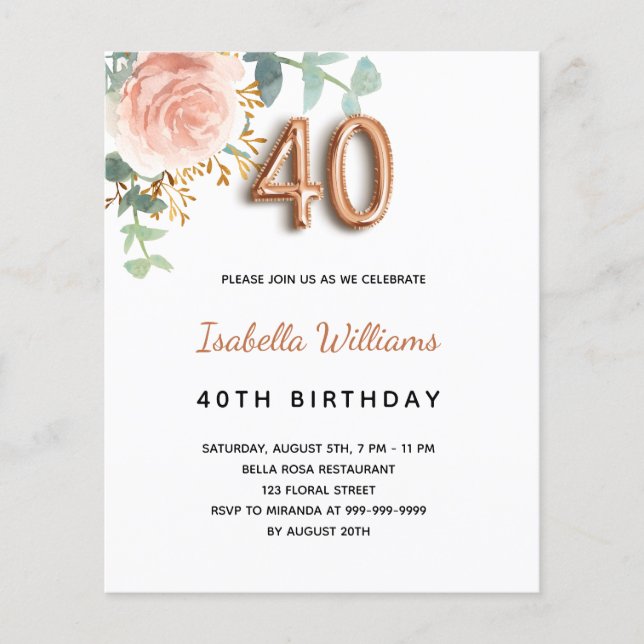 Papier Budget 40e anniversaire rose or eucalyptus floral (Devant)
