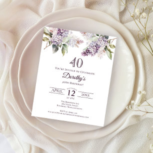 Papier BUDGET 40e fête d'anniversaire Purple Lilac Floral