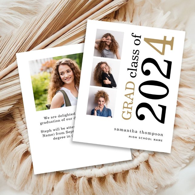 Papier Budget 4 photo Black Gold 2025 Graduation Annonce (front and back view)
