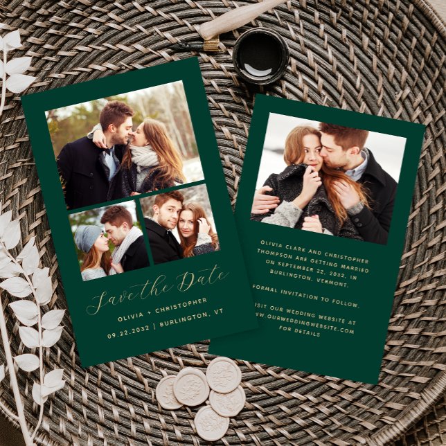 Papier Budget 4-Photo Collage vert Enregistrer la date (Créateur téléchargé)