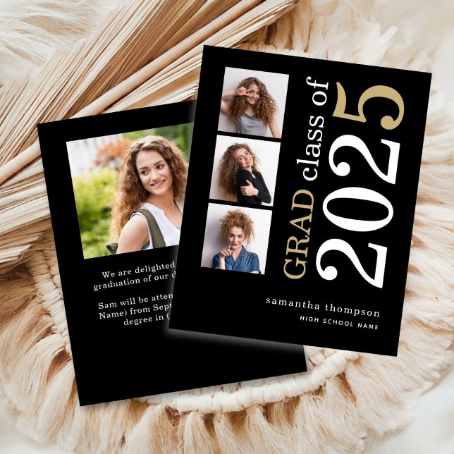 Papier Budget 4 photo White Gold 2025 Graduation Annonce (front and back view)