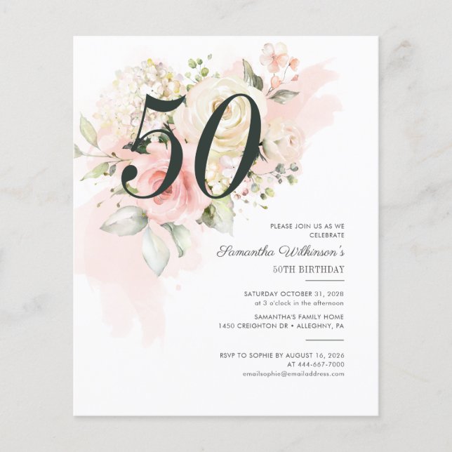 Papier Budget 50e anniversaire fête rose florale Invitati (Devant)