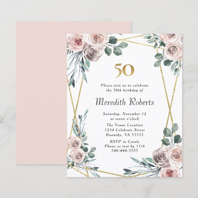 Papier Budget 50e anniversaire Floral Gold Party Invitati (Devant / Derrière)