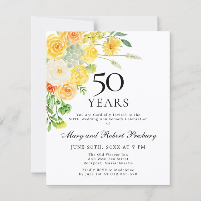 Papier Budget 50e anniversaire Invitation florale jaune (Devant)
