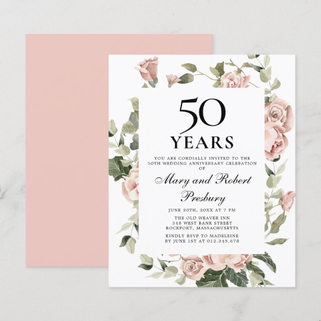 Papier Budget 50e anniversaire Invitation florale rose (Devant / Derrière)