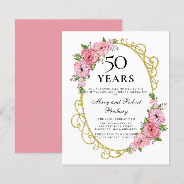 Papier Budget 50e anniversaire Invitation florale rose (Devant / Derrière)