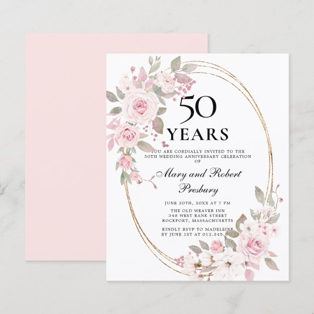 Papier Budget 50e anniversaire Invitation florale rose (Devant / Derrière)