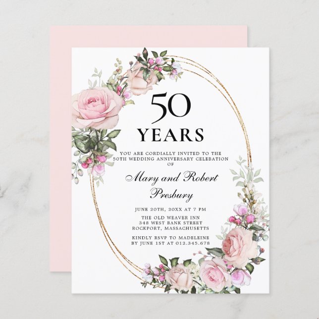 Papier Budget 50e anniversaire Invitation florale rose (Devant / Derrière)