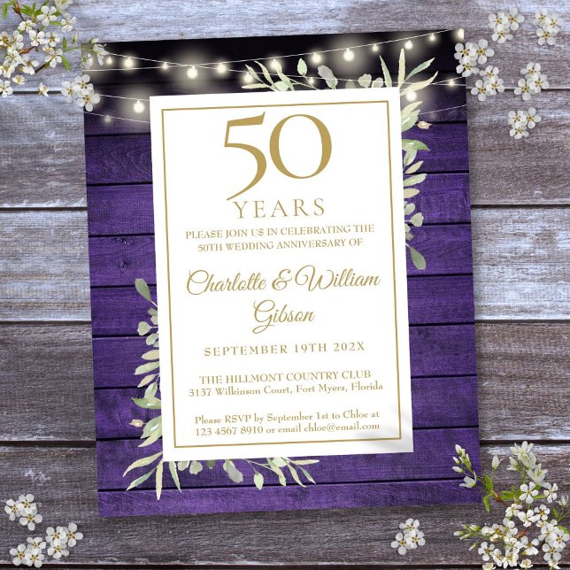 Papier Budget 50e anniversaire Purple Rustic Invitation (Budget 50th Anniversary Purple Rustic Invitation)