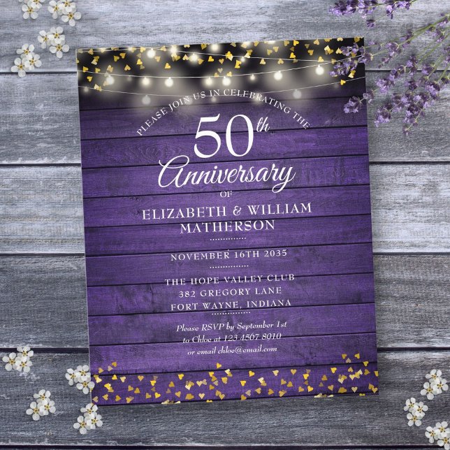 Papier Budget 50e anniversaire Rustic Gold Hearts Invitat (Budget 50th Anniversary Rustic Gold Hearts Invite)