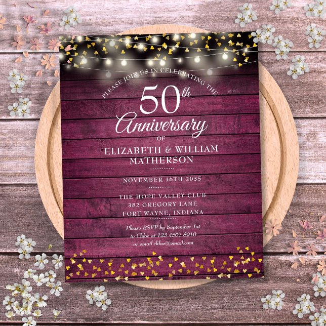 Papier Budget 50e anniversaire Rustic Gold Hearts Invitat (Budget 50th Anniversary Rustic Gold Hearts Invite)
