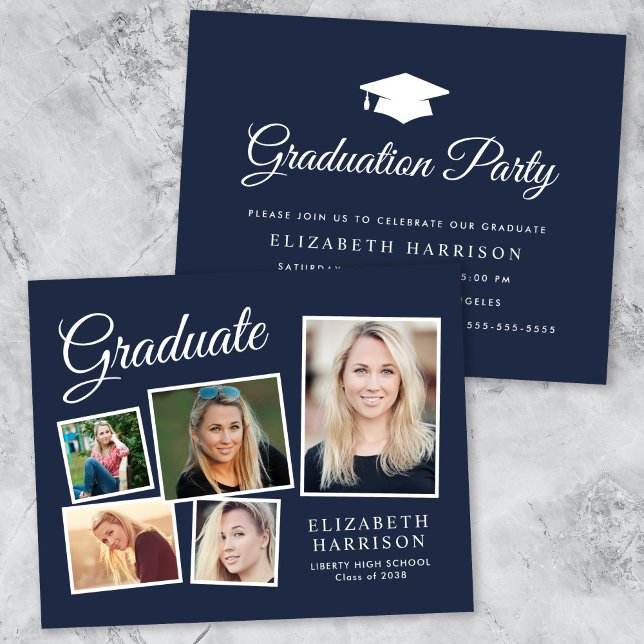 Papier Budget 5 Photo Blue Graduation Party Invitation (A personalized photo graduation party invitation to celebrate the graduate's achievements)