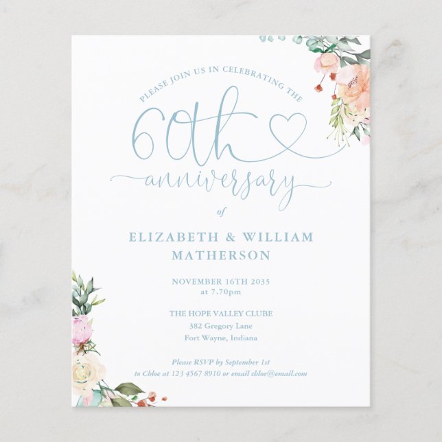 Papier Budget 60e Anniversaire Coeur Floral Invitation (Devant)