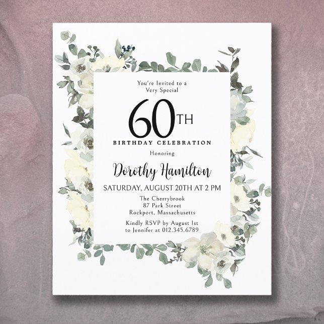 Papier Budget 60e anniversaire Invitation florale blanche (Créateur téléchargé)
