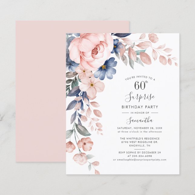 Papier Budget 60e anniversaire Pink Floral Party Invitati (Devant / Derrière)