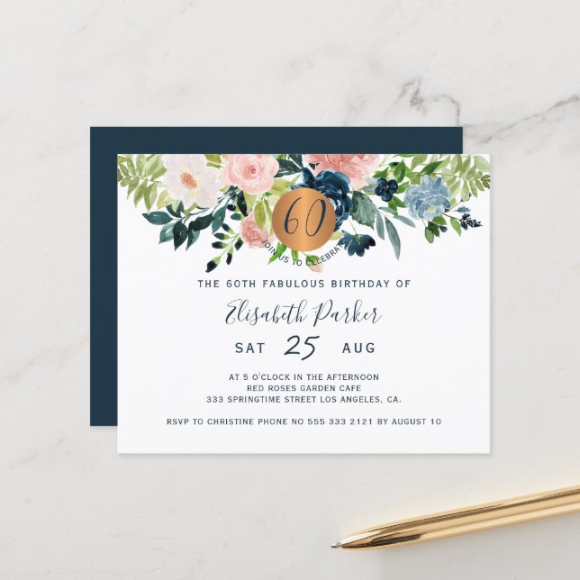 Papier Budget 60e fête d'anniversaire fleurie Invitation (Devant/Arrière en situation)