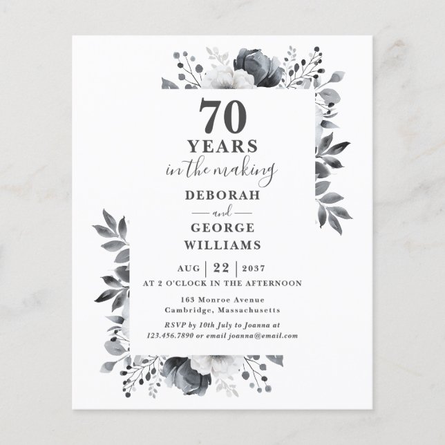Papier Budget 70e anniversaire Mariage Invitation floral (Devant)