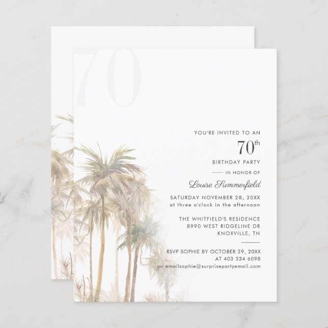 Papier Budget 70e anniversaire Palm Tree Invitation (Devant / Derrière)