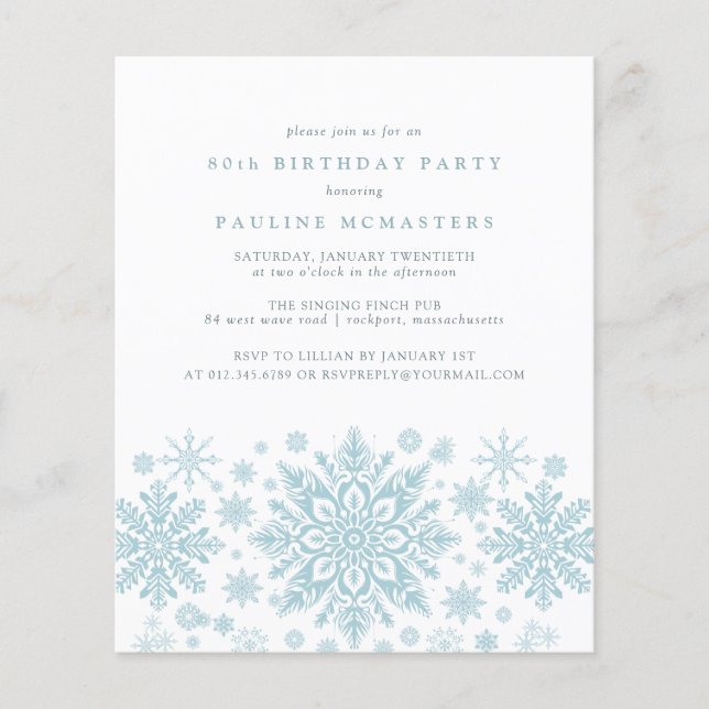 Papier BUDGET 80e anniversaire Bleu Snowflake Invitation (Devant)