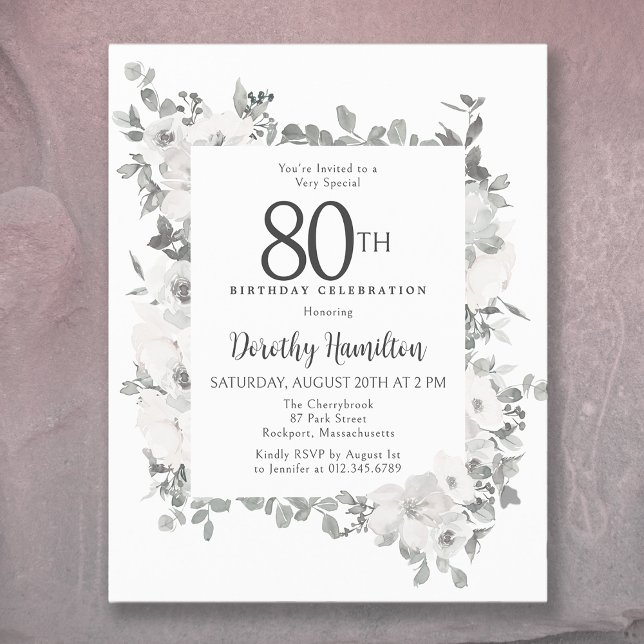 Papier Budget 80e anniversaire Invitation florale blanche (It's time to celebrate!)