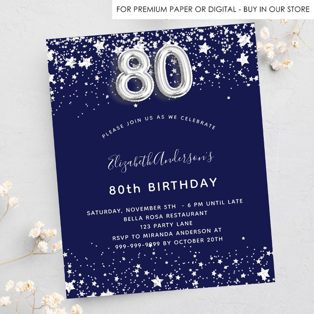 Papier Budget 80e anniversaire marine bleu argent invitat (Créateur téléchargé)