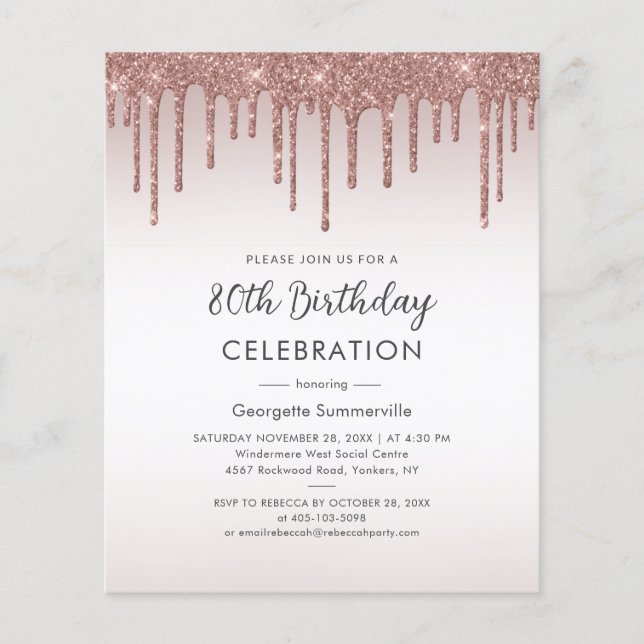 Papier Budget 80e anniversaire Rose de fête Invitation d' (Devant)