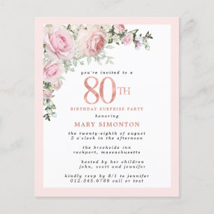 Papier Budget 80e anniversaire Surprise Party rose Floral