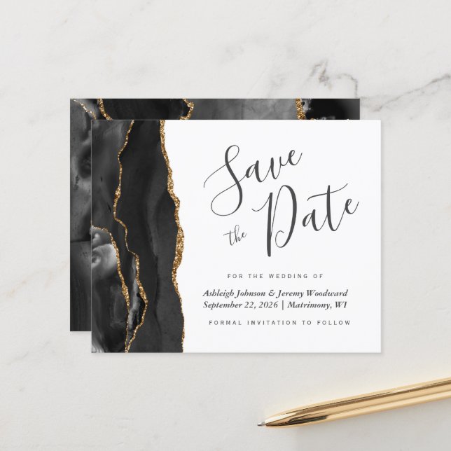 Papier Budget Agate Black Gold Wedding Enregistrer la dat (Devant/Arrière en situation)