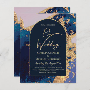 Papier Budget Agate Blue Gold Wedding Inviter QR Code RSV