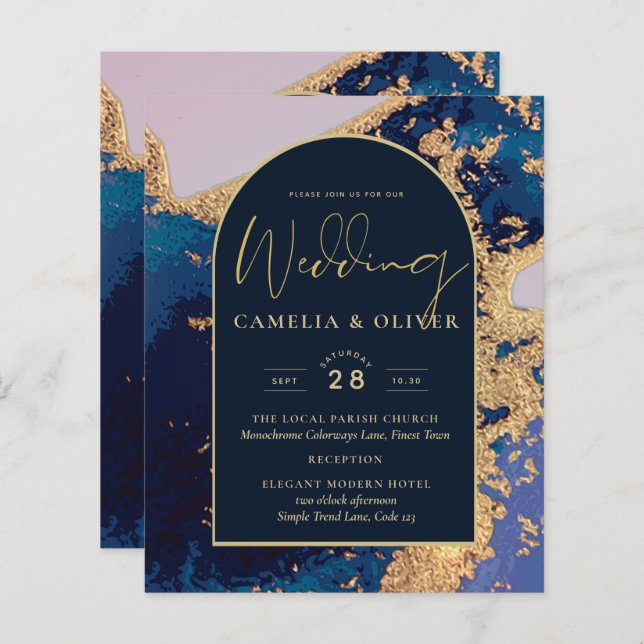 Papier Budget Agate Blue Gold Wedding Inviter QR Code RSV (Devant / Derrière)