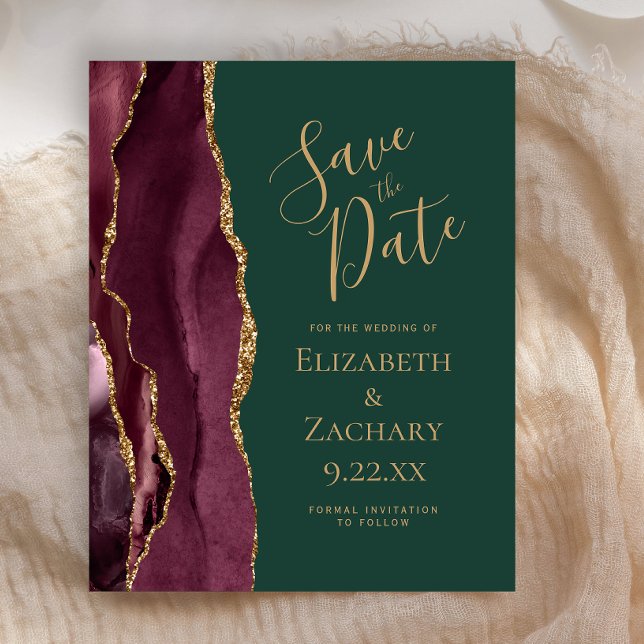 Papier Budget Agate Burgundy Gold Green Save the Date (Créateur téléchargé)