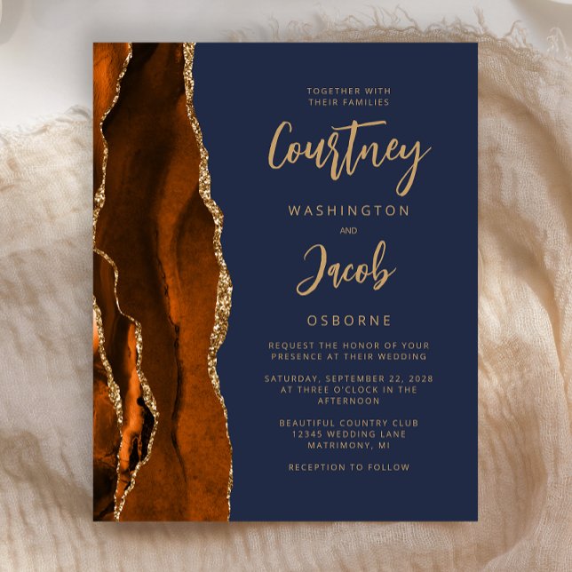 Papier Budget Agate Burnt Orange Marine Blue Wedding Invi (Créateur téléchargé)