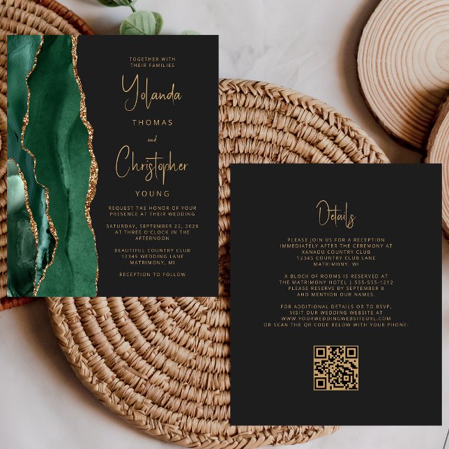 Papier Budget Agate Green Gold Dark QR Code Mariage (Créateur téléchargé)