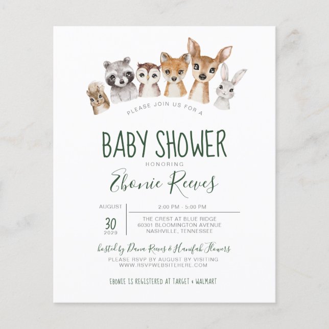 Papier Budget Animaux des bois Invitation Baby shower (Devant)